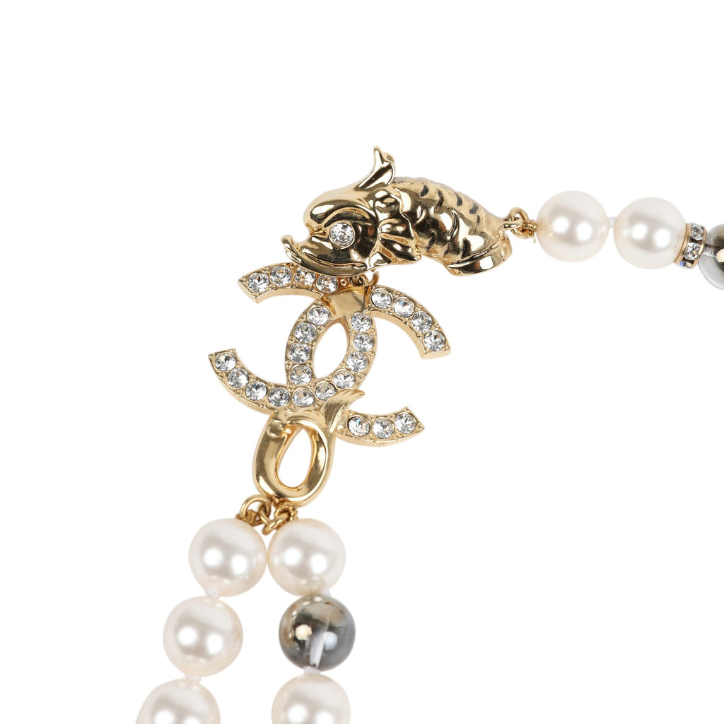 Chanel Layered Pearl Gripoix And Strass Gold Metal Fish Head Logo Necklace