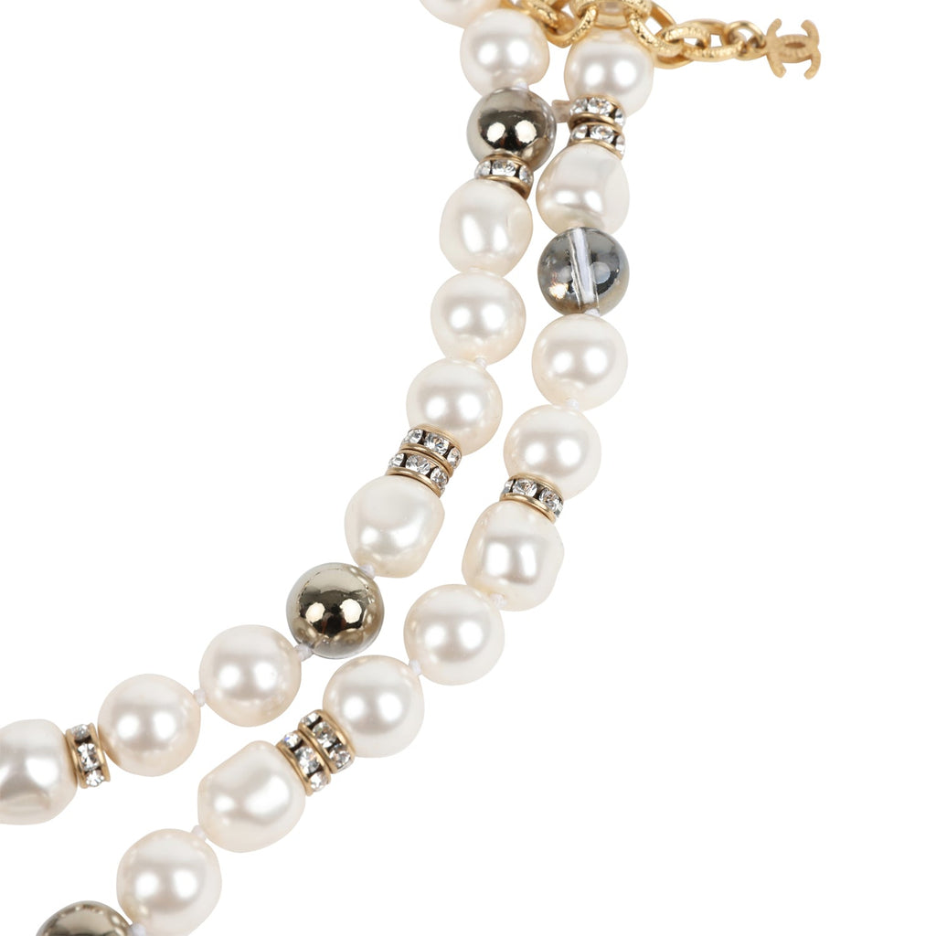 Chanel Layered Pearl Gripoix And Strass Gold Metal Fish Head Logo Necklace