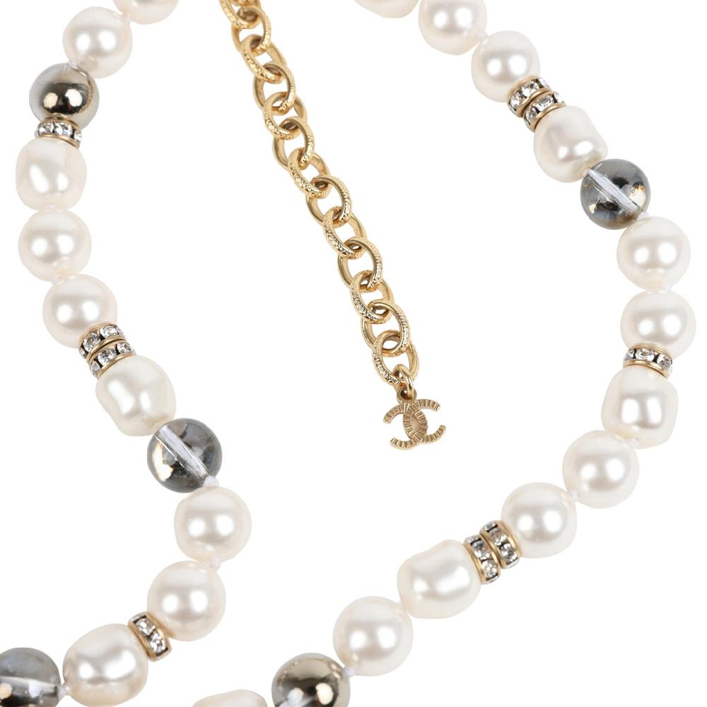 Chanel Layered Pearl Gripoix And Strass Gold Metal Fish Head Logo Necklace
