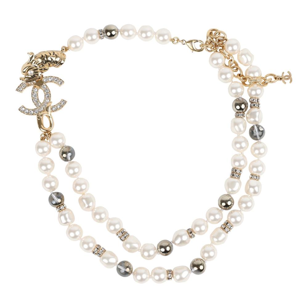 Chanel Layered Pearl Gripoix and Strass Gold Metal Fish Head Logo Necklace