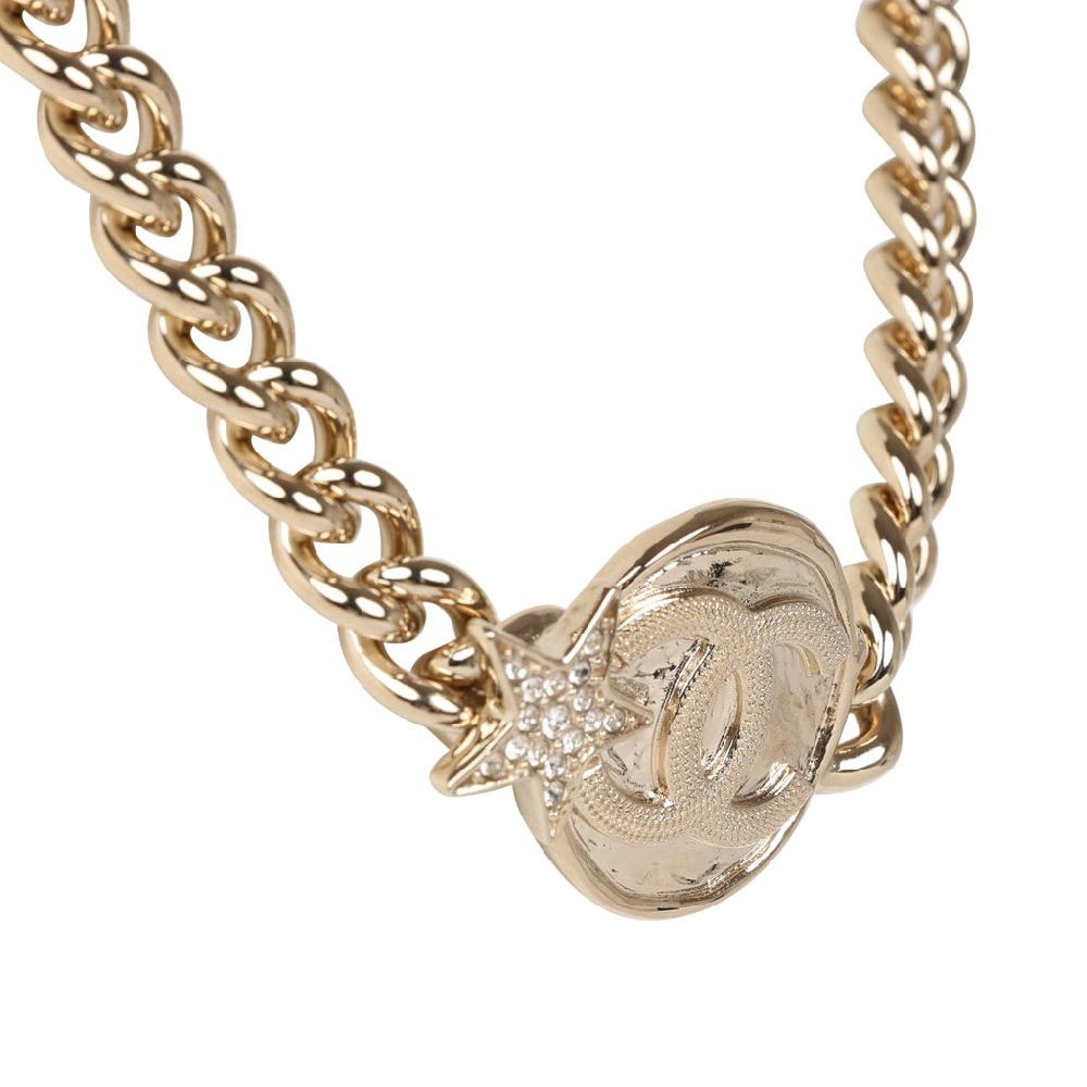 Chanel Light Gold Tone Wax Seal Logo And Rhinestone Star Necklace