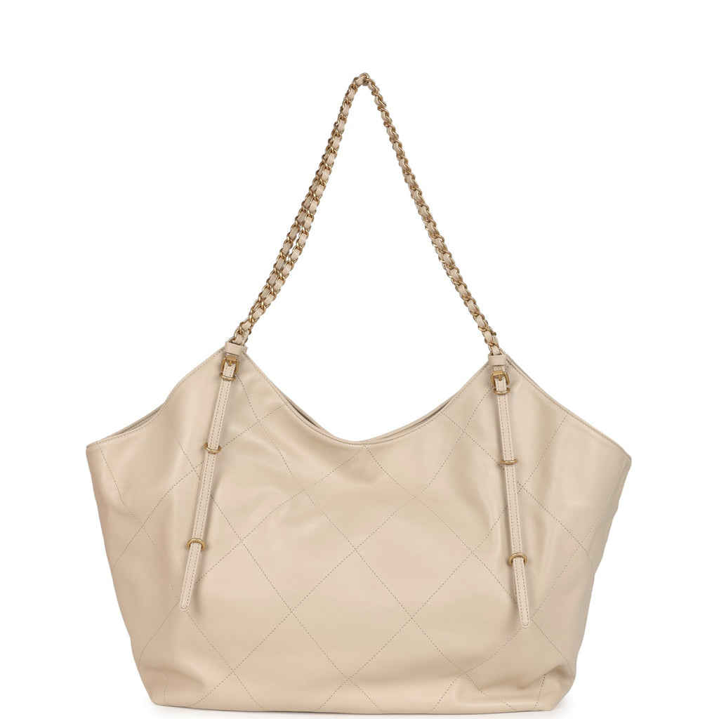 Chanel Maxi Coco Shopping Bag Beige Calfskin Antique Gold Hardware