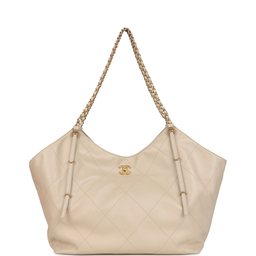 Chanel Maxi Coco Shopping Bag Beige Calfskin Antique Gold Hardware