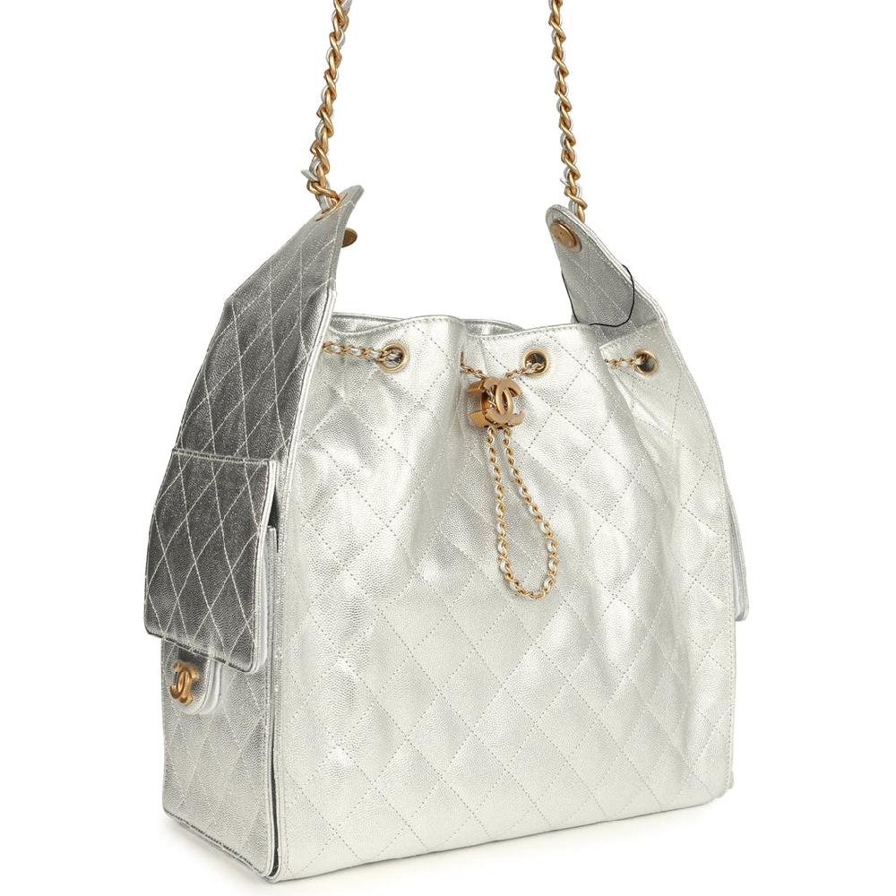 Chanel Medium 25 Hobo Bag Metallic Silver Caviar Antique Gold Hardware
