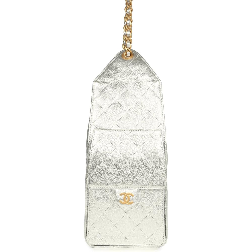 Chanel Medium 25 Hobo Bag Metallic Silver Caviar Antique Gold Hardware