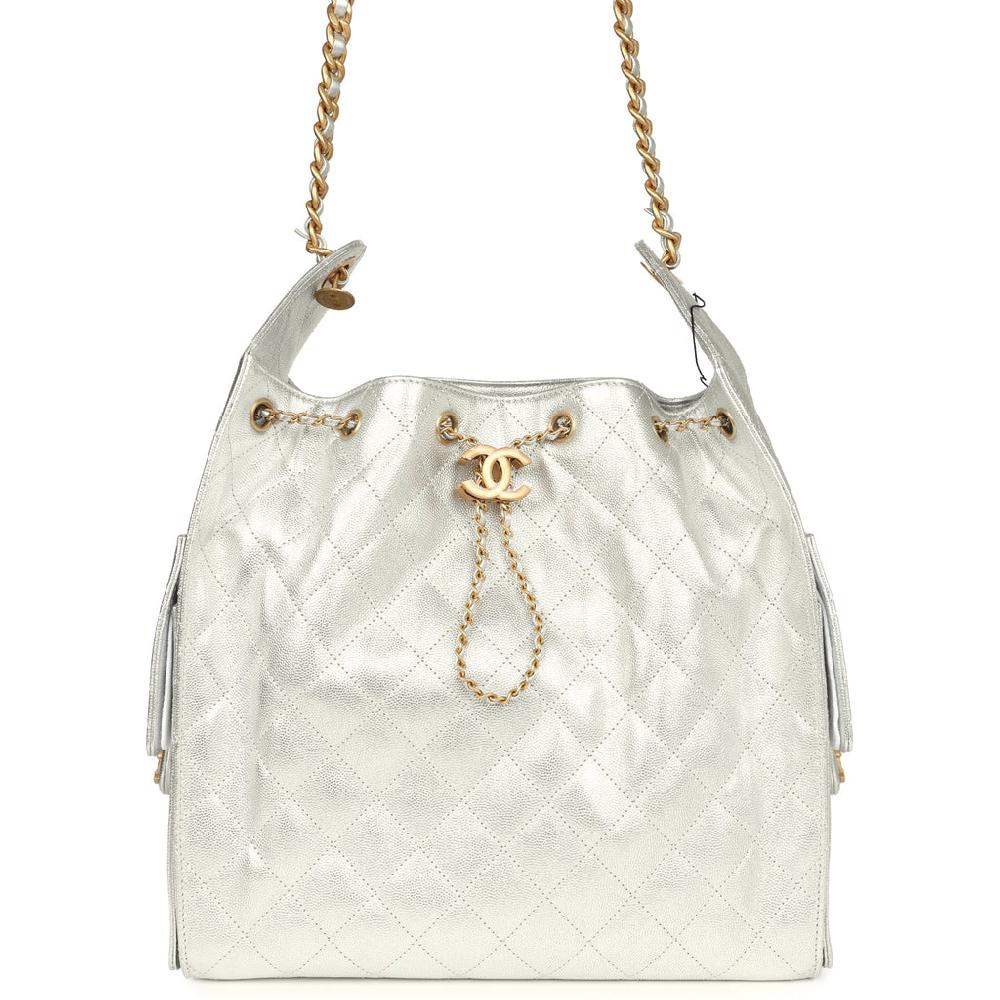 Chanel Medium 25 Hobo Bag Metallic Silver Caviar Antique Gold Hardware