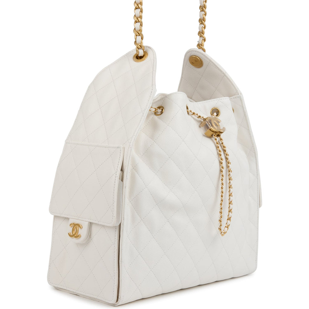Chanel Medium 25 Hobo Bag White Caviar Antique Gold Hardware