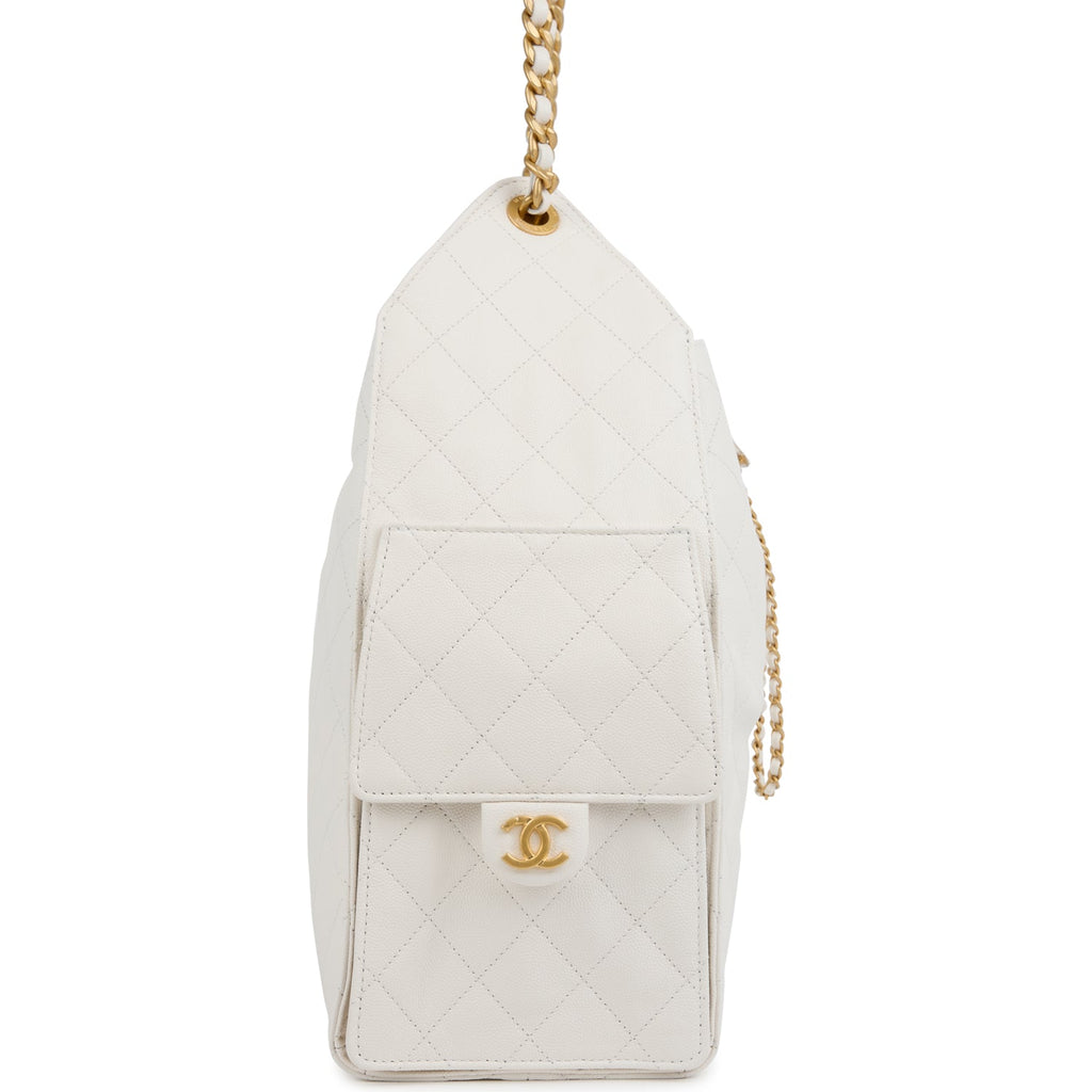 Chanel Medium 25 Hobo Bag White Caviar Antique Gold Hardware