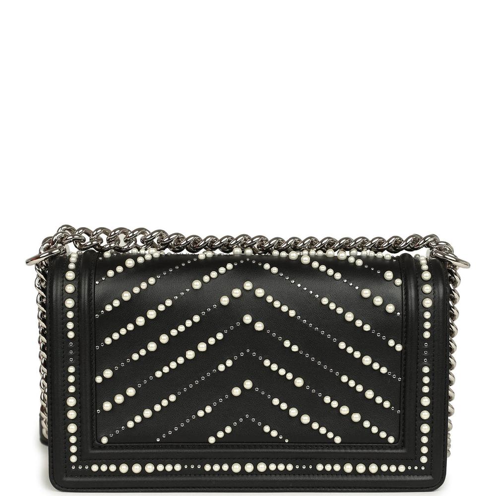 Chanel Medium Boy Bag Black Pearl Chevron Calfskin Silver Hardware