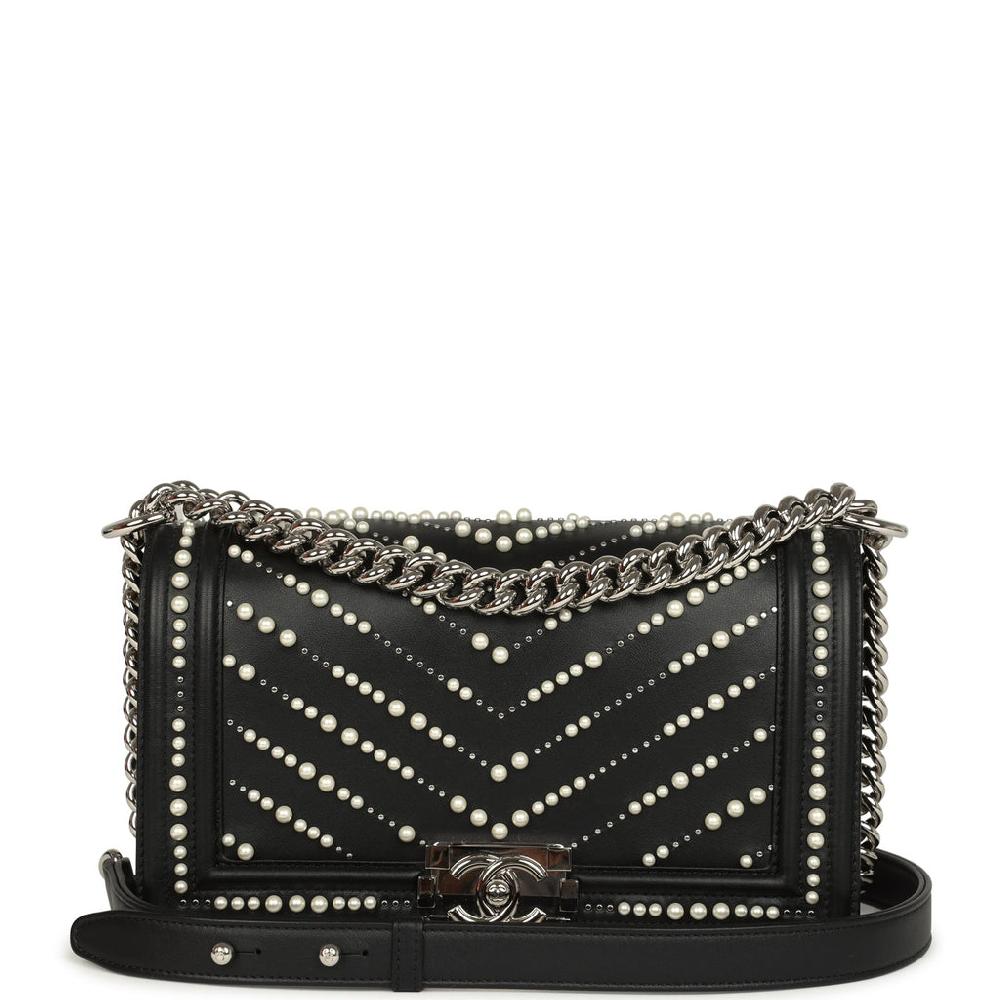 Chanel Medium Boy Bag Black Pearl Chevron Calfskin Silver Hardware