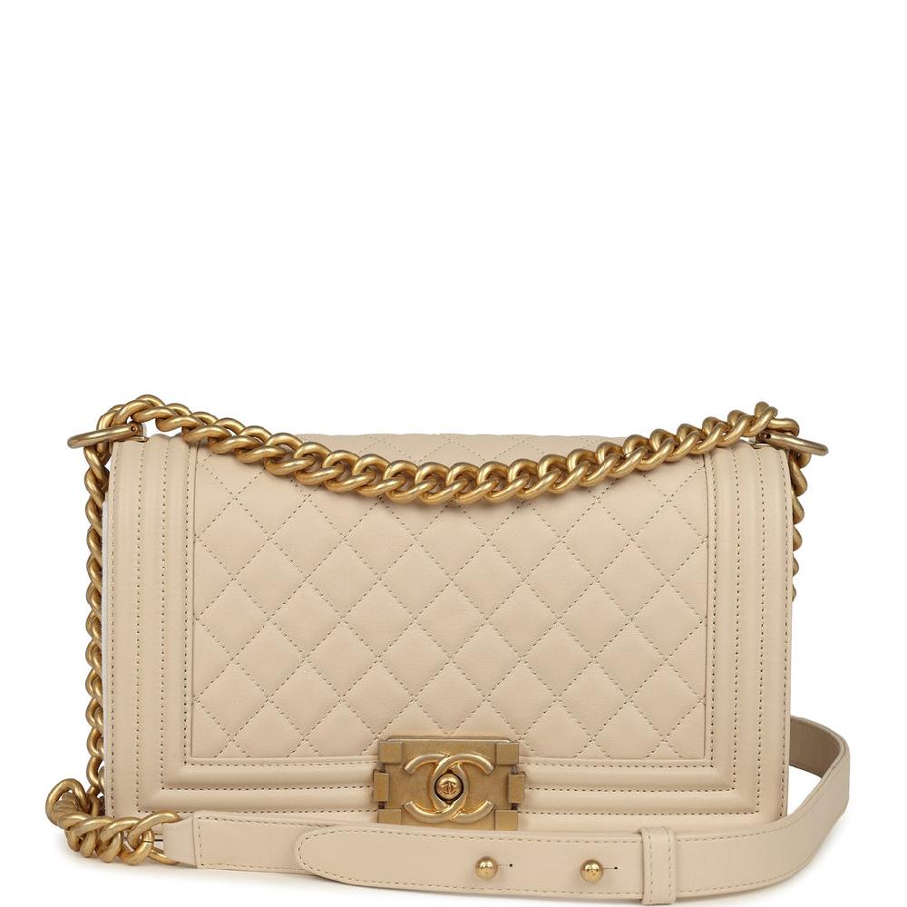Chanel Medium Boy Bag Cream Lambskin Antique Gold Hardware