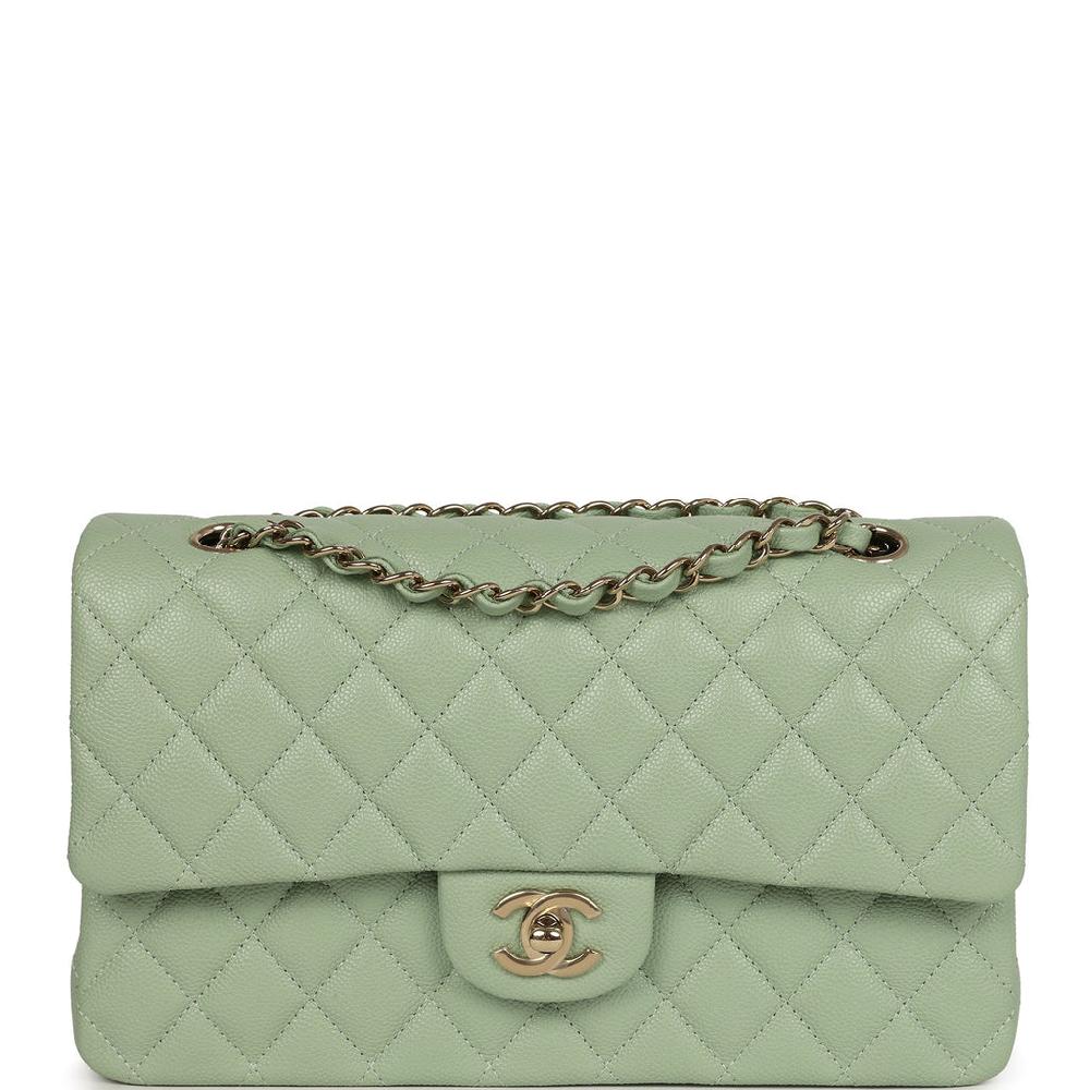 Chanel Medium Classic Double Flap Bag Light Green Caviar Light Gold Hardware