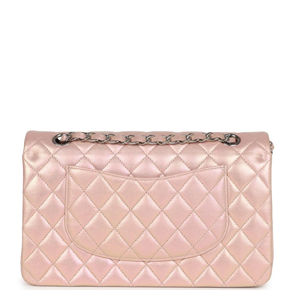 Chanel Medium Classic Double Flap Bag Pink Iridescent Lambskin Silver Hardware