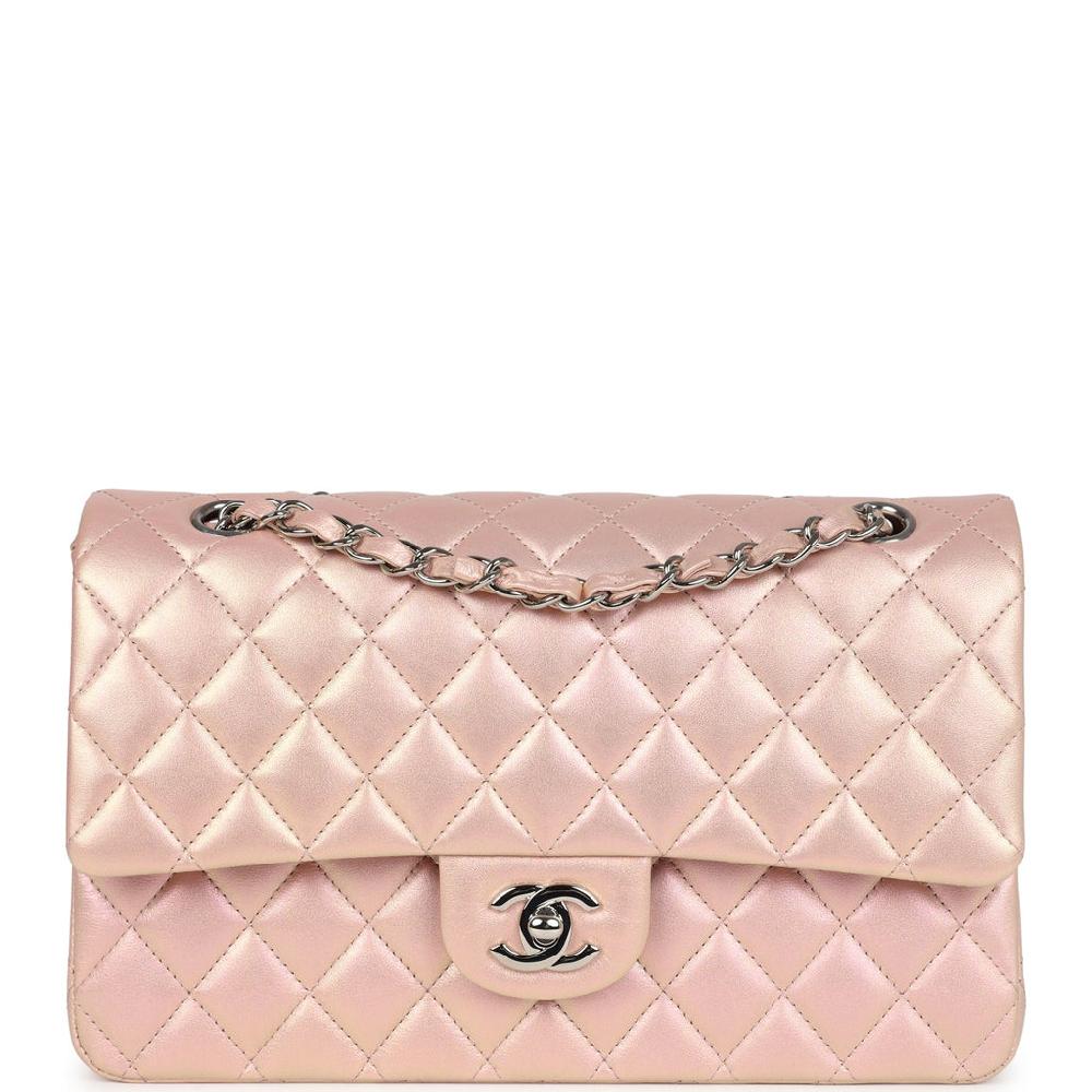 Chanel Medium Classic Double Flap Bag Pink Iridescent Lambskin Silver Hardware