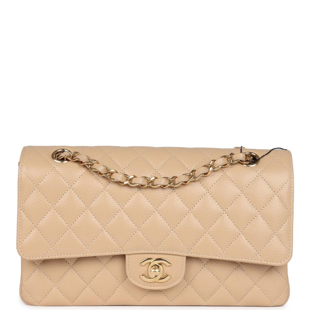 Chanel Medium Classic Double Flap Beige Caviar Gold Hardware