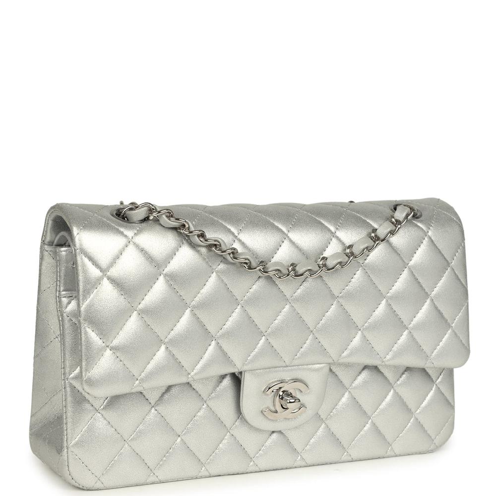 Chanel Medium Classic Double Flap Silver Metallic Lambskin Silver Hardware