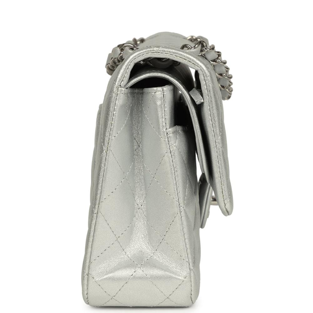 Chanel Medium Classic Double Flap Silver Metallic Lambskin Silver Hardware