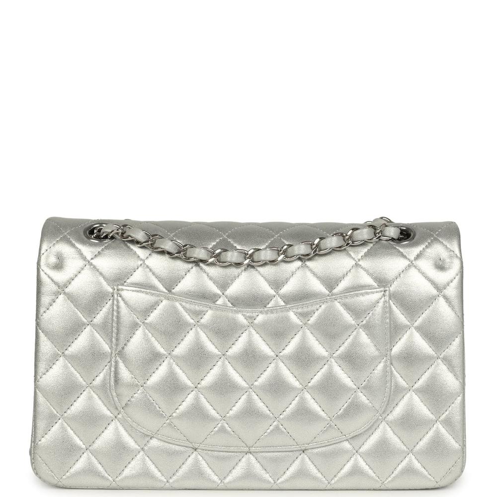 Chanel Medium Classic Double Flap Silver Metallic Lambskin Silver Hardware
