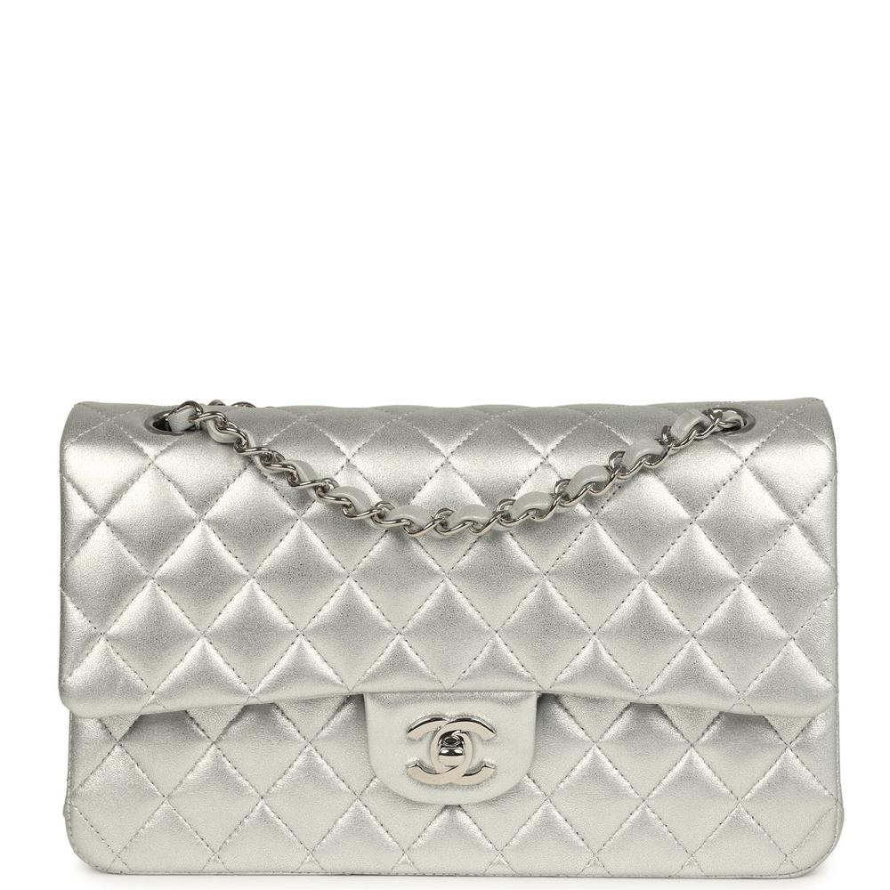 Chanel Medium Classic Double Flap Silver Metallic Lambskin Silver Hardware