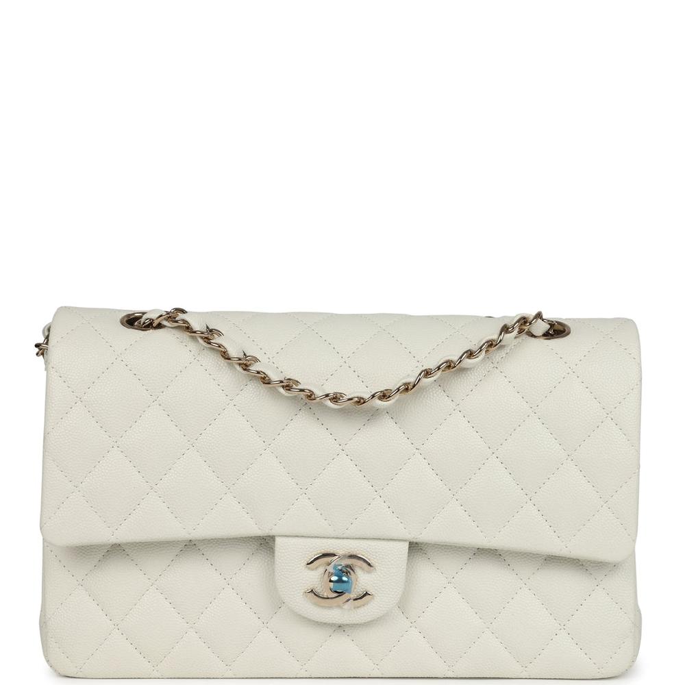 Chanel Medium Classic Double Flap White Caviar Light Gold Hardware