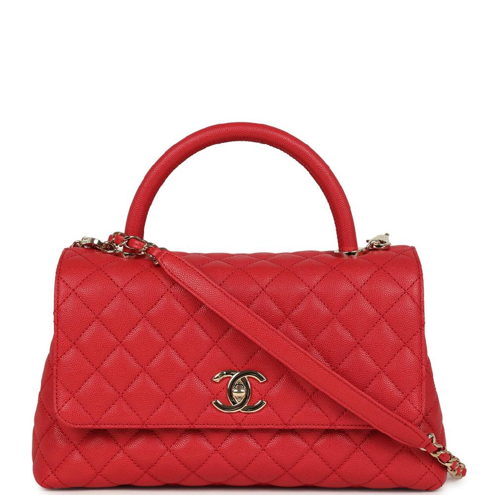 Chanel Medium Coco Handle Flap Bag Red Caviar Light Gold Hardware