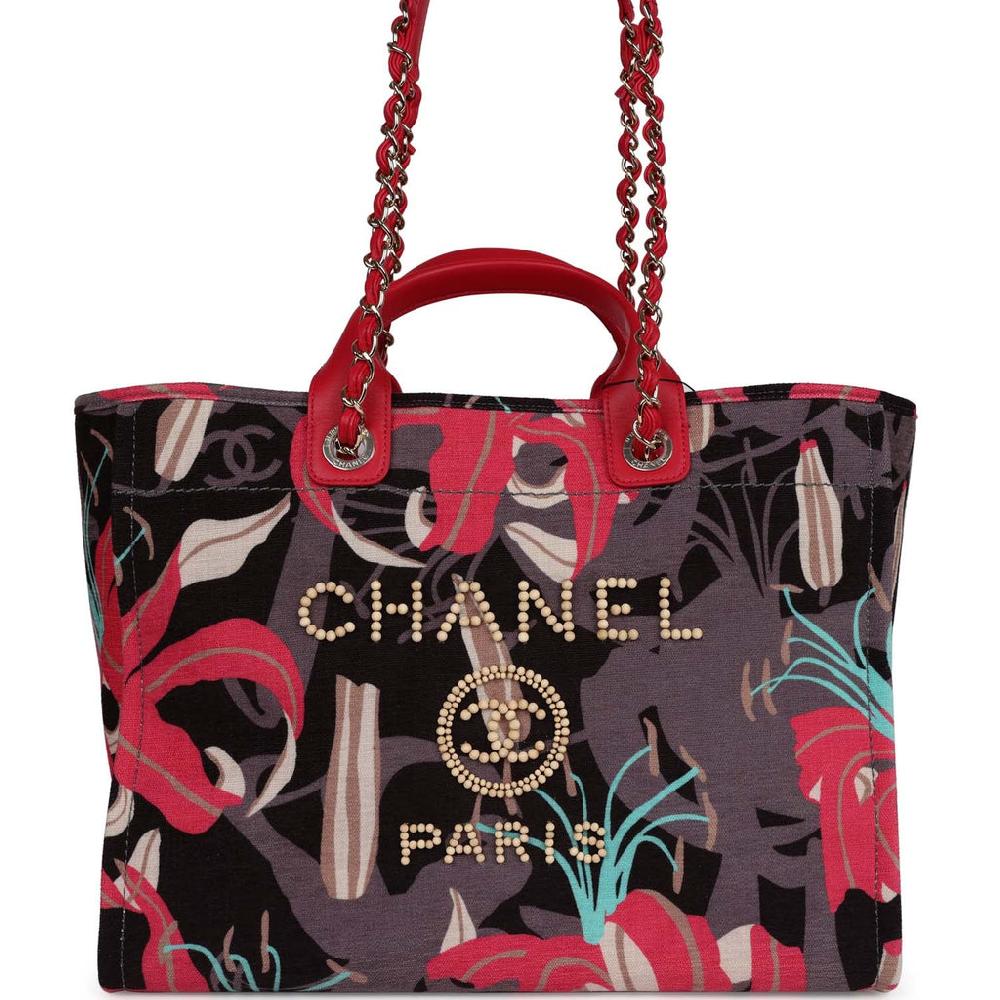 Chanel Medium Deauville Shopping Tote Grey And Pink Tropical Floral Velvet Light Gold Hardware