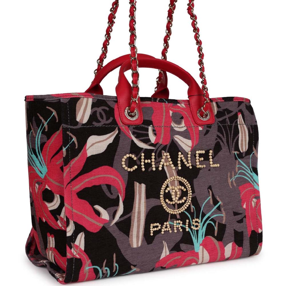 Chanel Medium Deauville Shopping Tote Grey And Pink Tropical Floral Velvet Light Gold Hardware