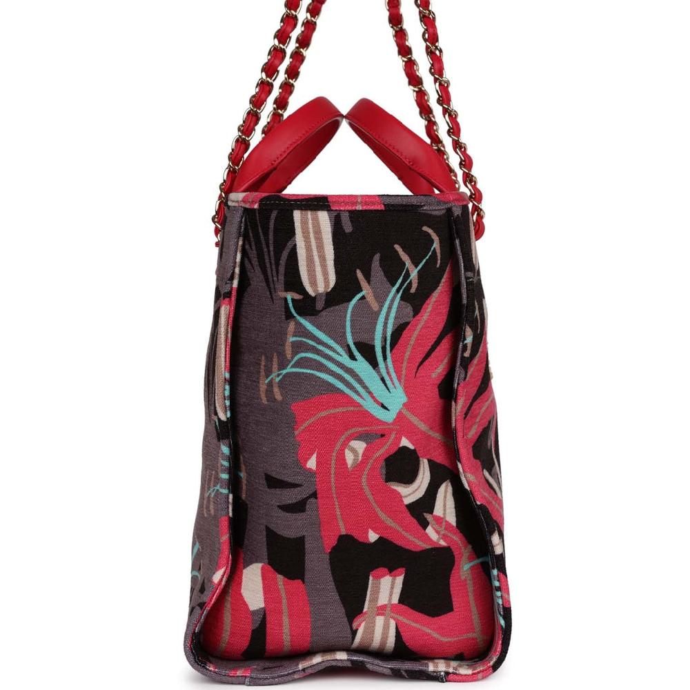 Chanel Medium Deauville Shopping Tote Grey And Pink Tropical Floral Velvet Light Gold Hardware