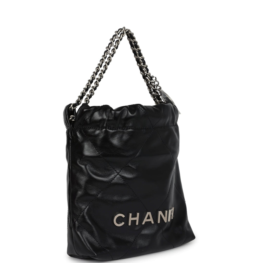 Chanel Mini 22 Bag Black Shiny Calfskin Brushed Silver Hardware