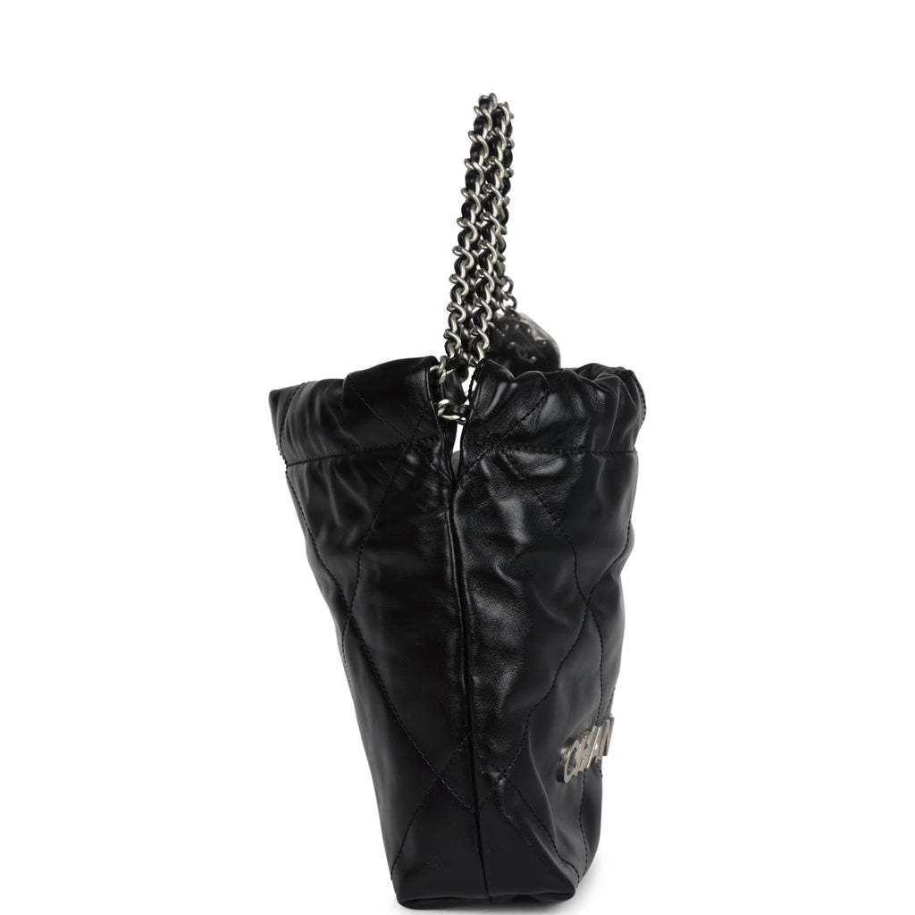 Chanel Mini 22 Bag Black Shiny Calfskin Brushed Silver Hardware