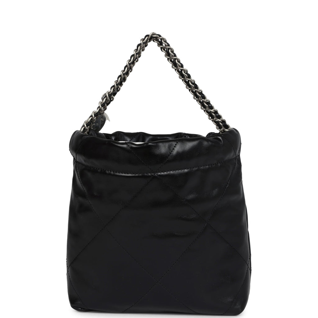 Chanel Mini 22 Bag Black Shiny Calfskin Brushed Silver Hardware