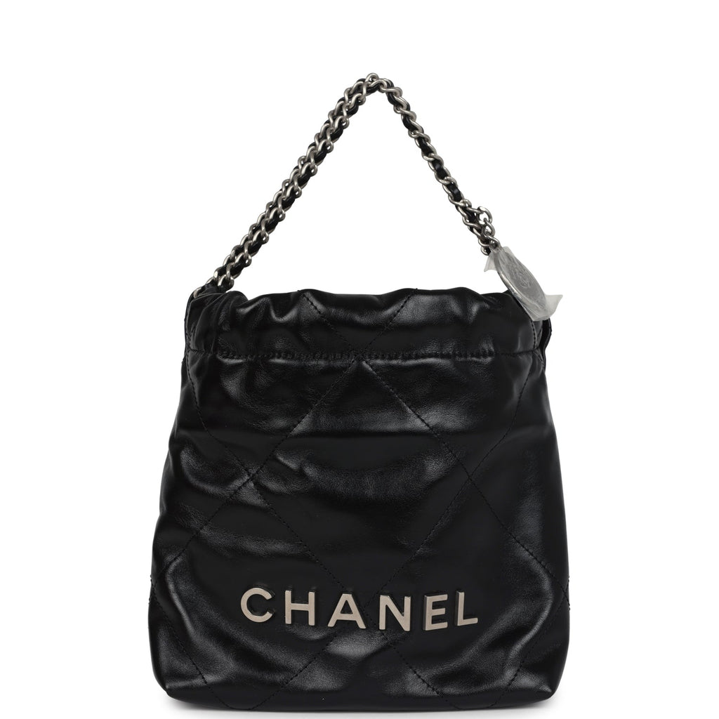 Chanel Mini 22 Bag Black Shiny Calfskin Brushed Silver Hardware