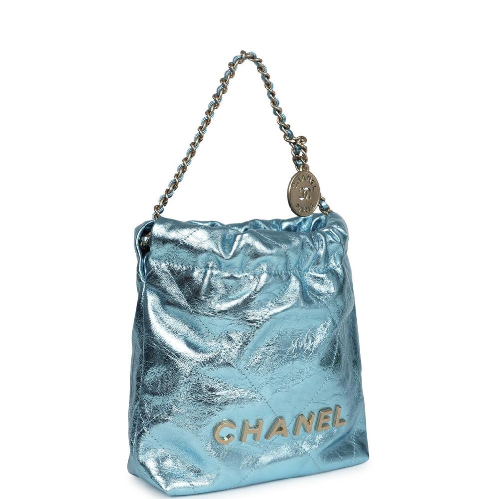 Chanel Mini 22 Bag Blue Metallic Calfskin Brushed Gold Hardware