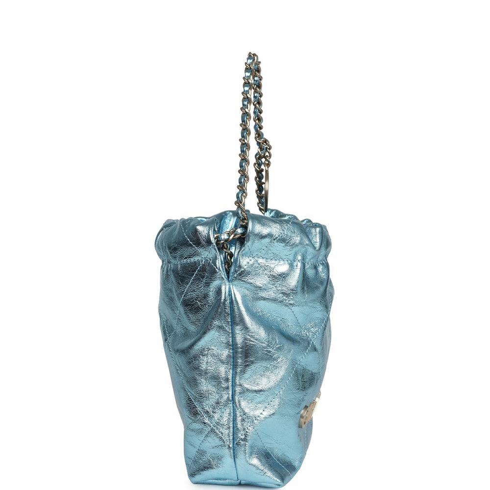Chanel Mini 22 Bag Blue Metallic Calfskin Brushed Gold Hardware