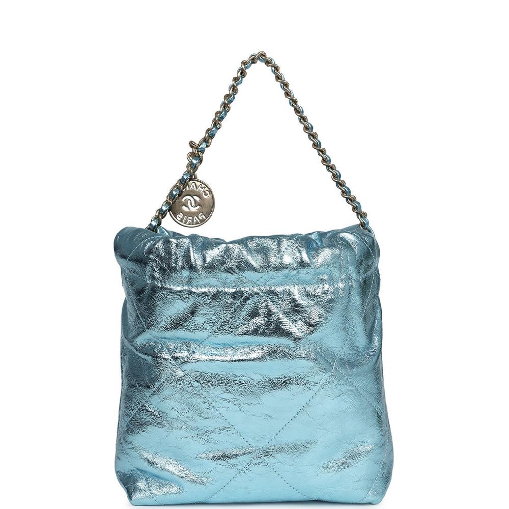 Chanel Mini 22 Bag Blue Metallic Calfskin Brushed Gold Hardware