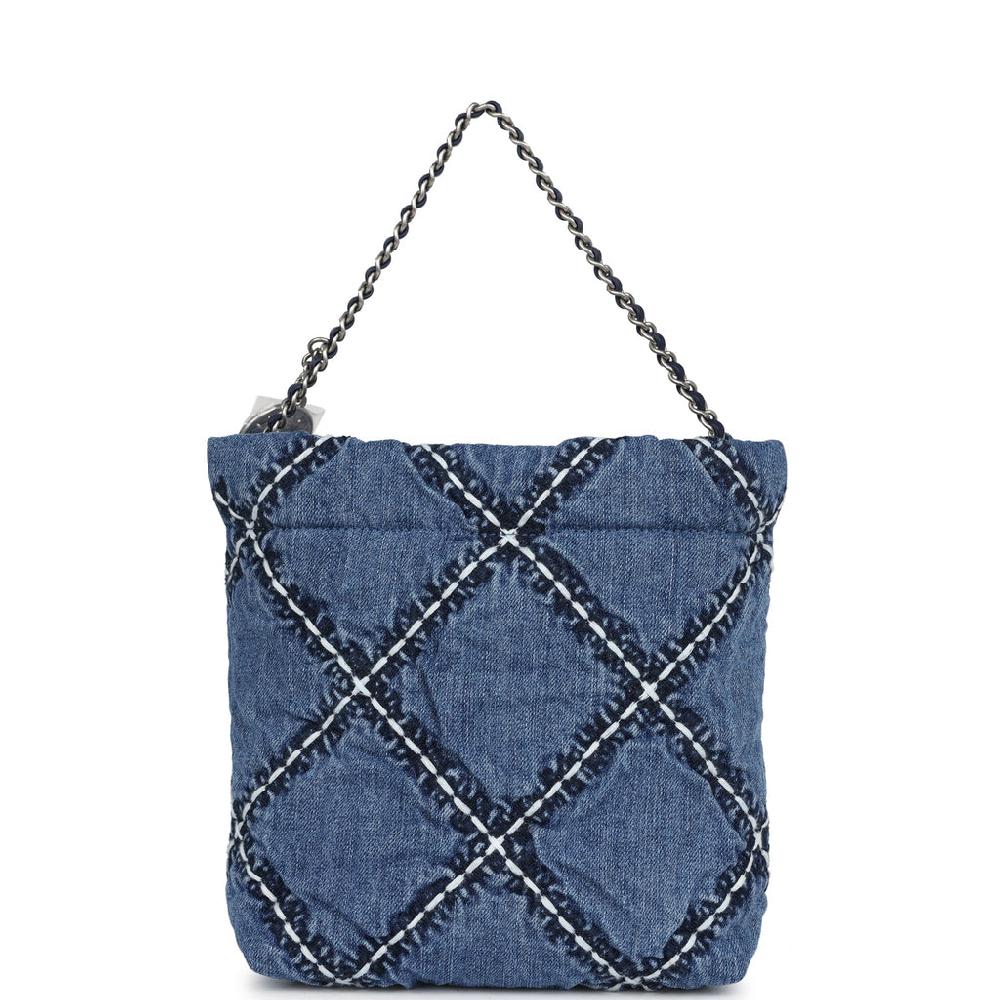 Chanel Mini 22 Bag Blue Stitched Denim Silver Hardware