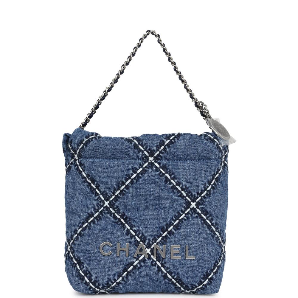 Chanel Mini 22 Bag Blue Stitched Denim Silver Hardware