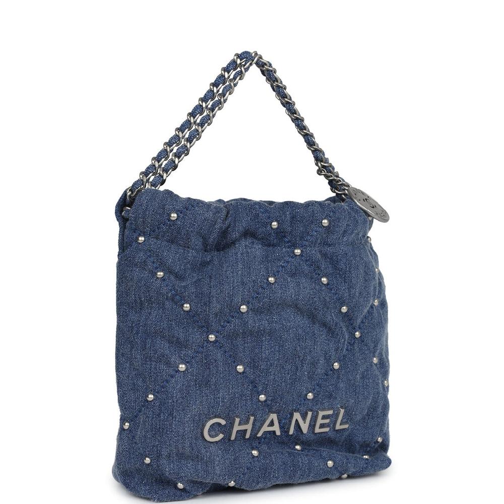 Chanel Mini 22 Bag Blue Studded Denim Silver Hardware