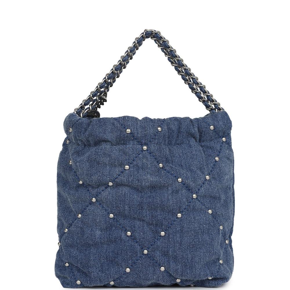Chanel Mini 22 Bag Blue Studded Denim Silver Hardware