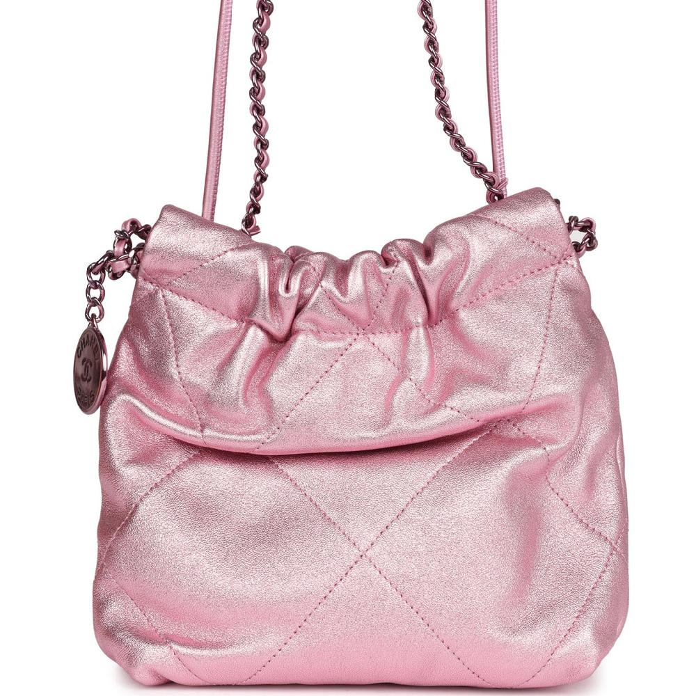 Chanel Mini 22 Bag Pink Metallic Lambskin Lacquered Metal Hardware