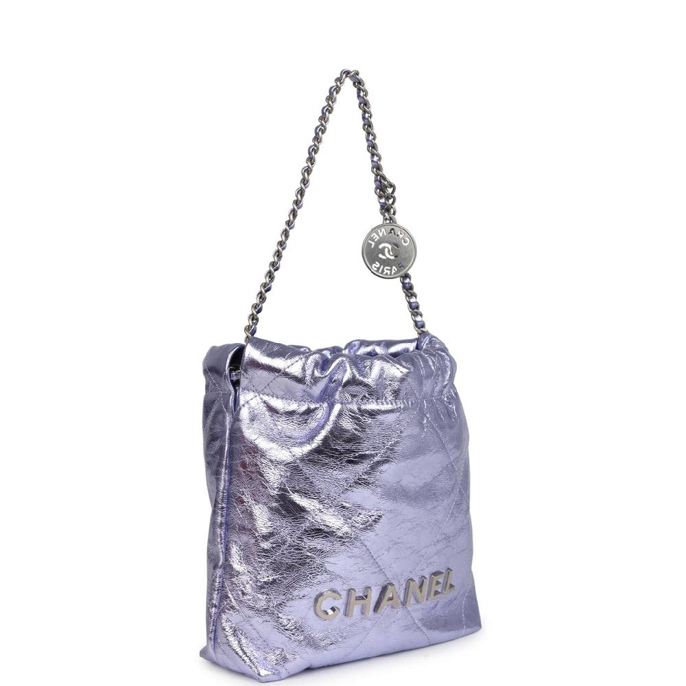 Chanel Mini 22 Bag Purple Metallic Calfskin Brushed Silver Hardware