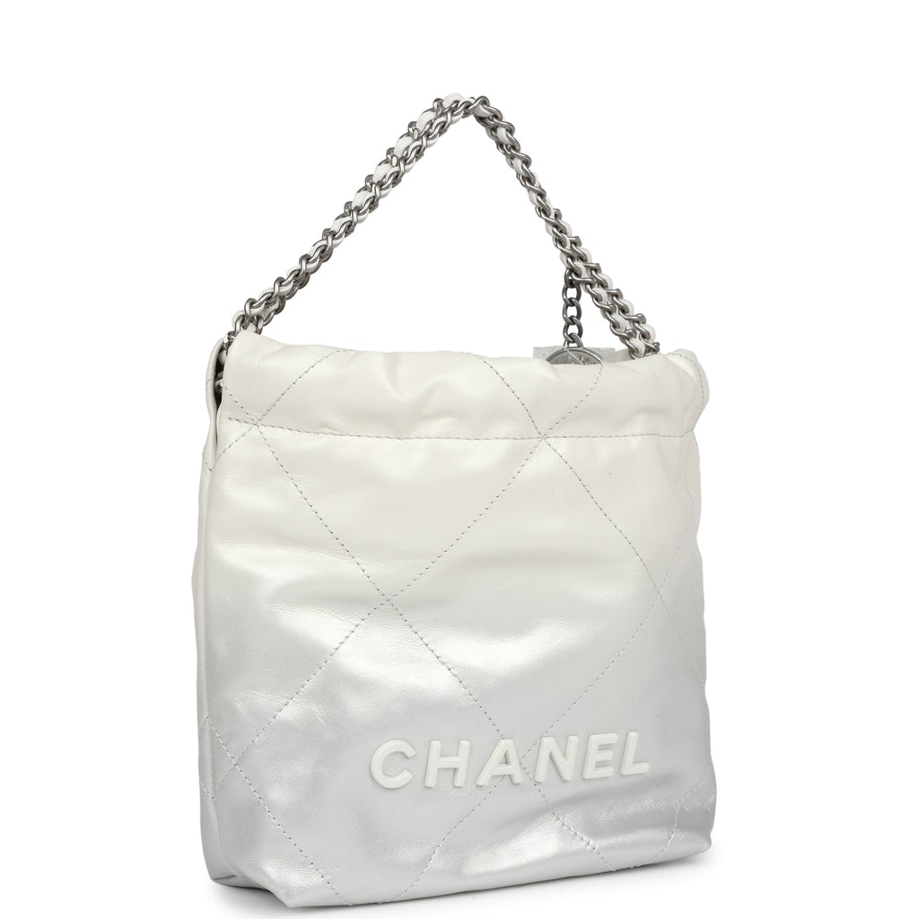 Chanel Mini 22 Bag White And Silver Ombre Metallic Calfskin Silver Hardware