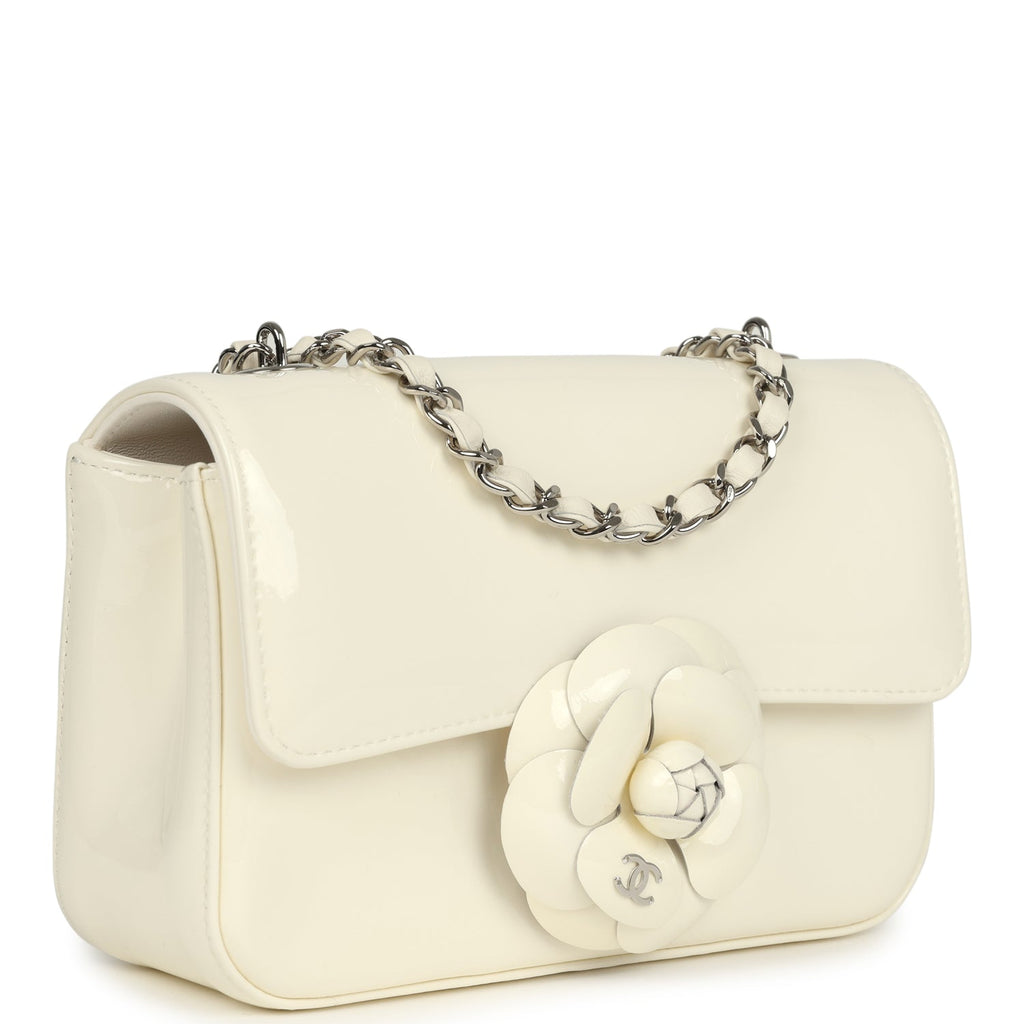 Chanel Mini Camellia Flap Bag Off White Patent Silver Hardware