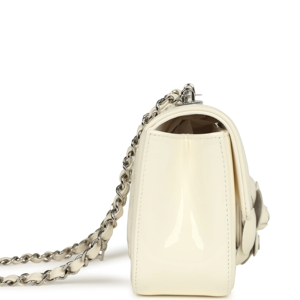 Chanel Mini Camellia Flap Bag Off White Patent Silver Hardware