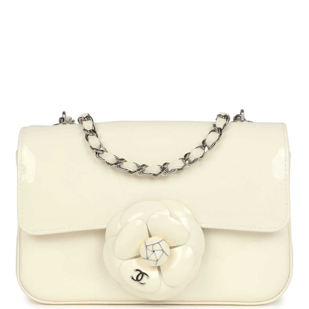 Chanel Mini Camellia Flap Bag Off White Patent Silver Hardware