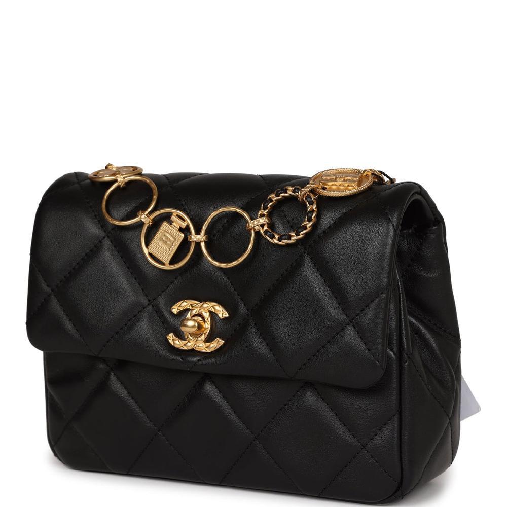 Chanel Mini Charms Flap Bag Black Lambskin Brushed Gold Hardware