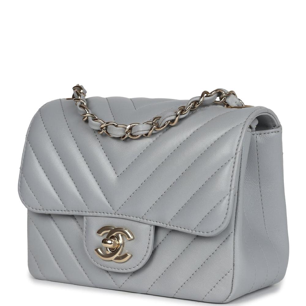 Chanel Mini Chevron Square Flap Bag Light Grey Lambskin Light Gold Hardware