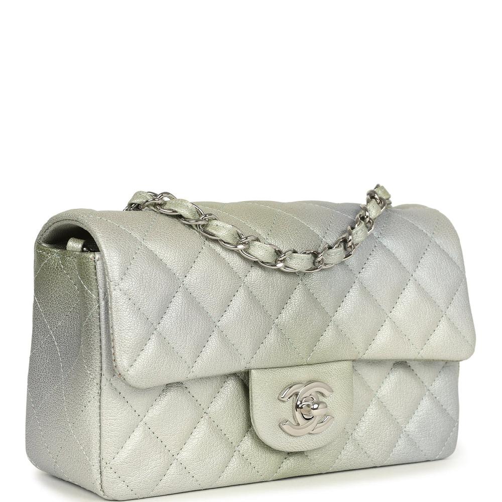 Chanel Mini Classic Rectangular Flap Bag Grey And Green Ombre Iridescent Goatskin Silver Hardware