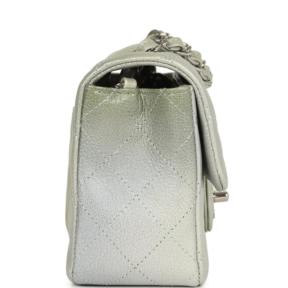 Chanel Mini Classic Rectangular Flap Bag Grey And Green Ombre Iridescent Goatskin Silver Hardware