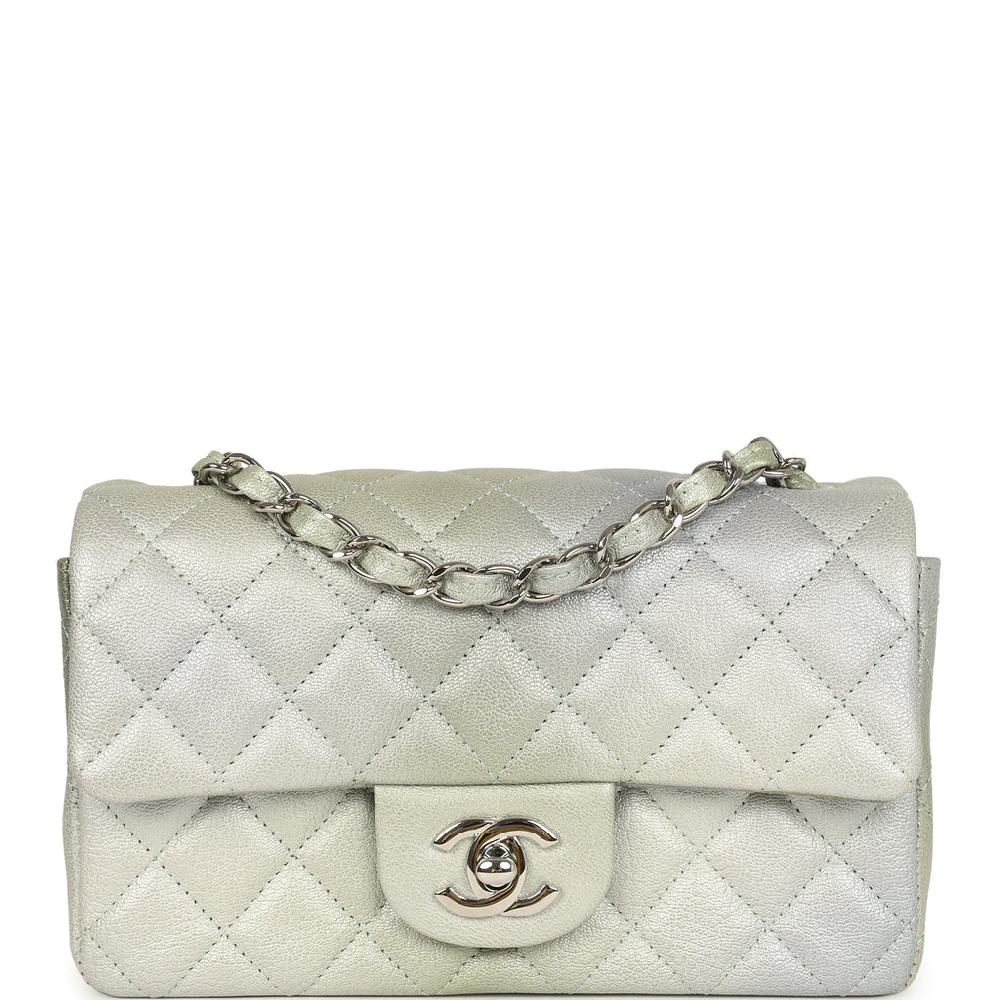 Chanel Mini Classic Rectangular Flap Bag Grey and Green Ombre Iridescent Goatskin Silver Hardware